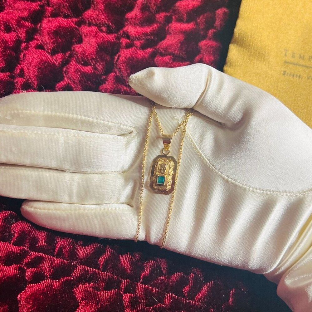 18k Yellow Gold Pre Columbian Tumi Natural Emerald Necklace 18" 3.3g 14k Chain - Picture 15 of 15
